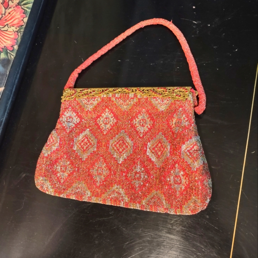VTG Langlois Jargeais Beaded Art Deco Evening Bag France gold filigree red gems